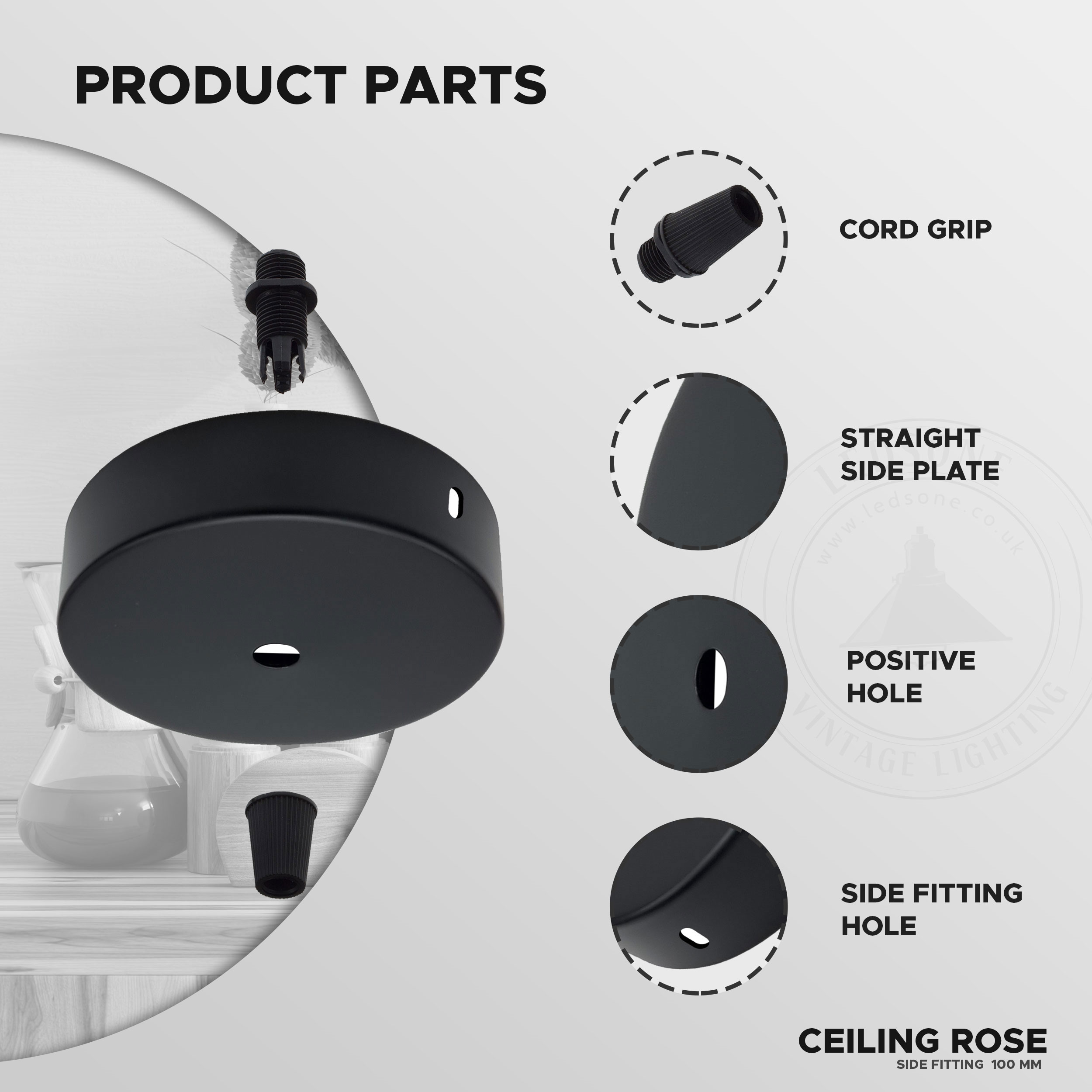 New Pendant Light Ceiling Rose Outlet With Cable Grip - 100mm, E27, 60W Max, Vintage Industrial Style, 3-Year Warranty